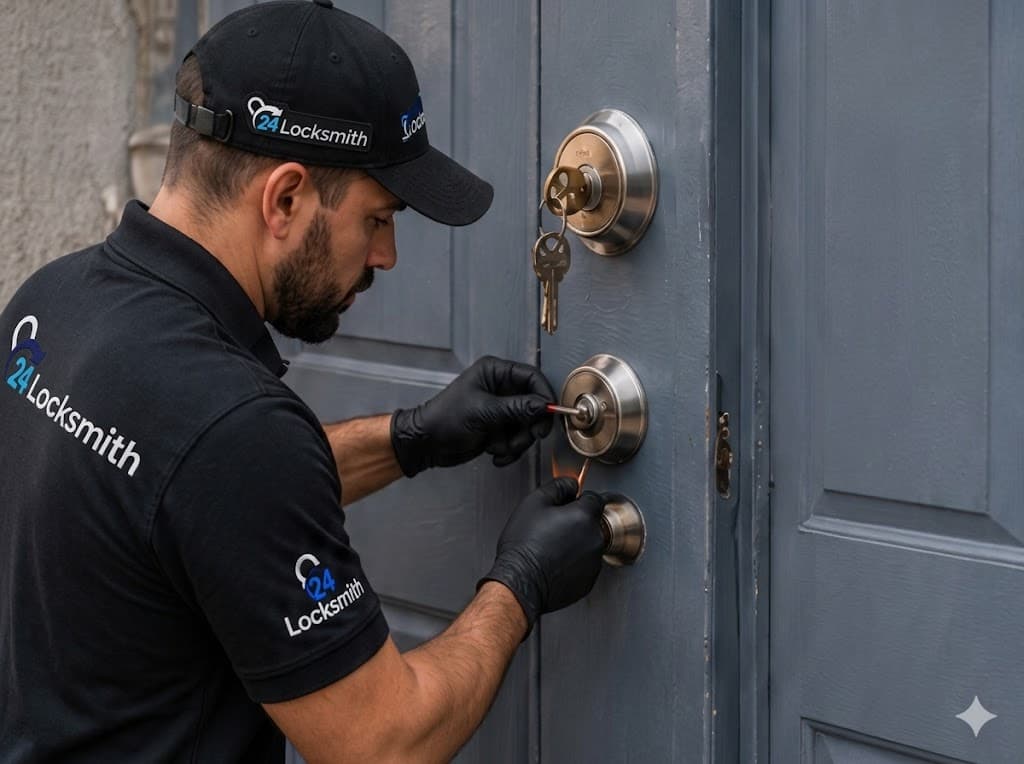 Residential locksmith technician working on a home door lock